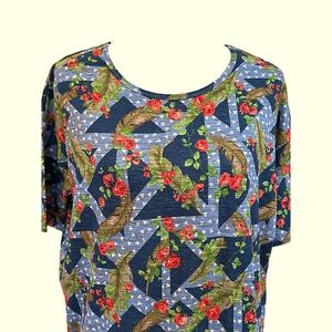 LuLaRoe Irma Tunic Size XS Feathers & Floral Roses Oversized Relaxed Fit NWT